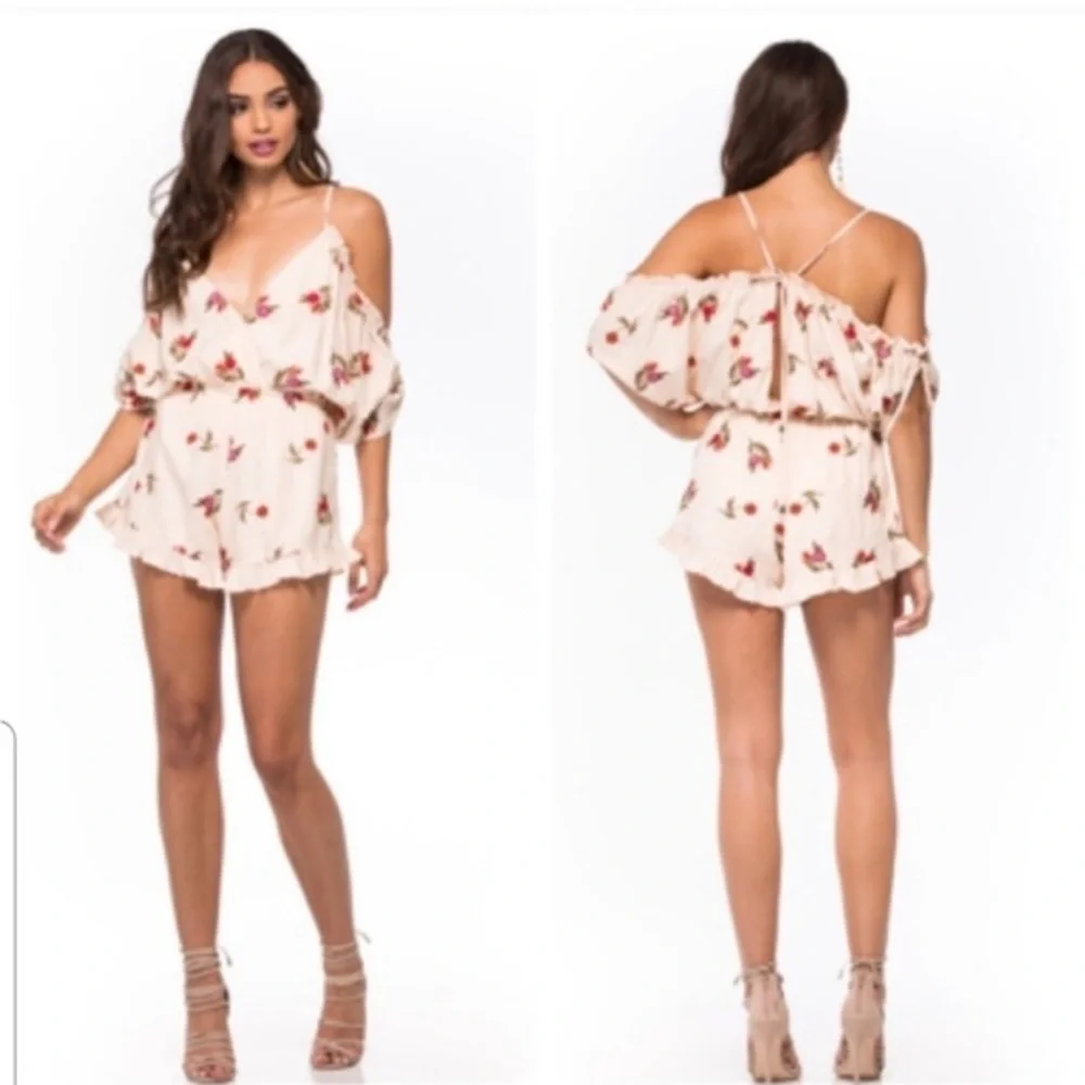 Lovers + Friends X Revolve Malia Floral Romper cold shoulder rose embroidered